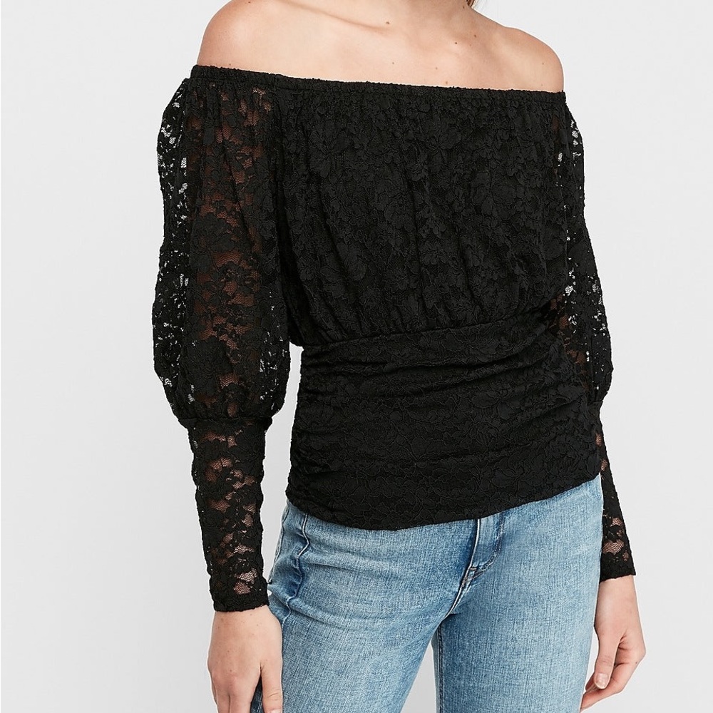 Express Lace Off the Shoulder Banded Top Black
